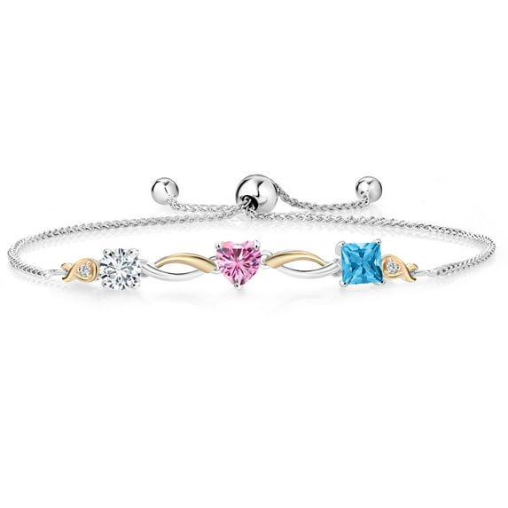 Gem Stone King 925 Silver and 10K Yellow Gold Pink Moissanite Swiss Blue Topaz and Lab Grown Diamond Tennis Bracelet for Women By Keren Hanan (2.10 cttw, Adjustable up To 9 inch)