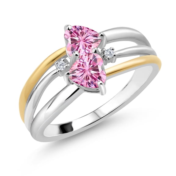 Gem Stone King 925 Silver and 10K Yellow Gold Pink Moissanite and White Lab Grown Diamond Band Ring for Women (1.02 Cttw, Gemstone, Heart Shape 5MM, Size 7)