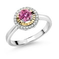 thumbnail image 1 of Gem Stone King 925 Silver and 10K Yellow Gold Pink Moissanite and White Lab Grown Diamond Halo Engagement Ring for Women (0.62 Cttw, Gemstone, Round 5MM, Size 5), 1 of 3