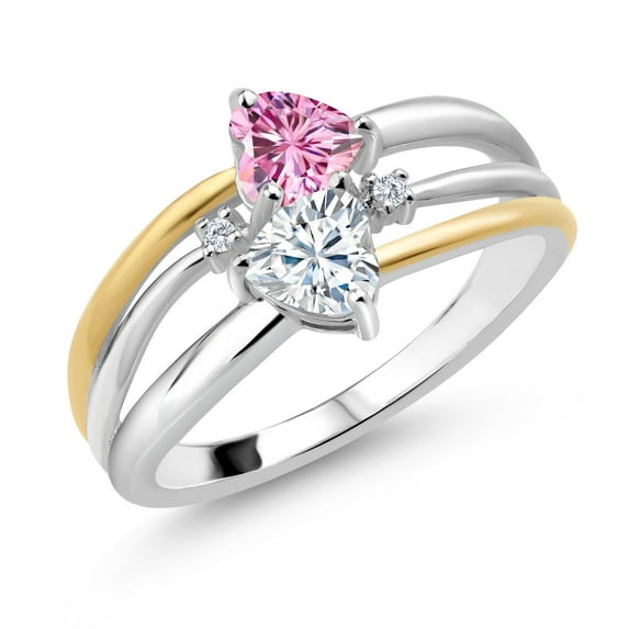 Gem Stone King 925 Silver and 10K Yellow Gold Pink Moissanite and White Moissanite and White Lab Grown Diamond Band Ring for Women (0.94 Cttw, Gemstone, Heart Shape 5MM, Size 5)
