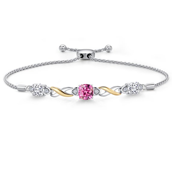 Gem Stone King 925 Silver and 10K Yellow Gold Pink Moissanite and White Moissanite and White Lab Grown Diamond Bracelet for Women | 2.35 Cttw | Gemstone | Cushion 6MM | Fully Adjustable 9 inch