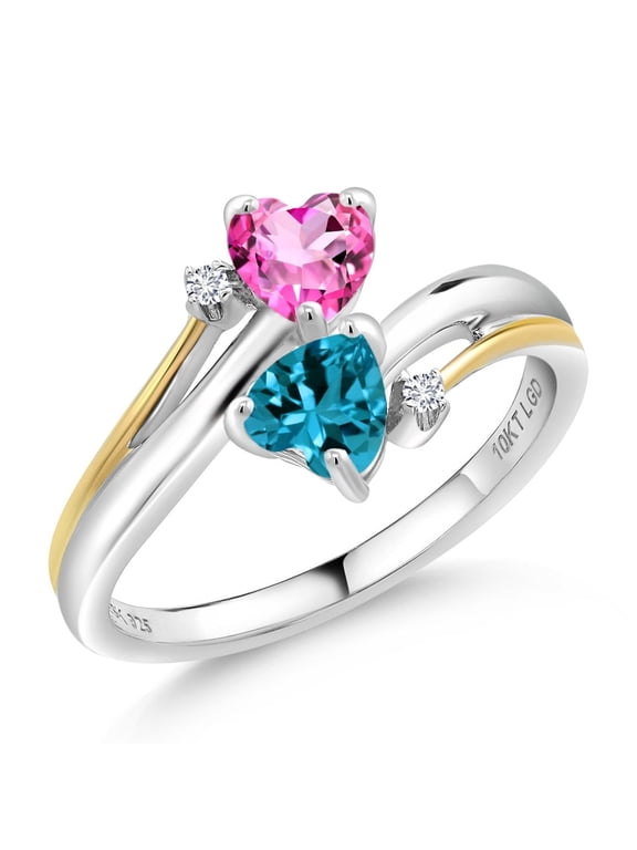 925 Silver 10K Yellow Gold Pink Mystic Topaz London Blue Topaz and Lab Grown Diamond 2 Heart Couple Engagement Mother Ring 1.17 Cttw, Gemstone Birthstone (Size 8)