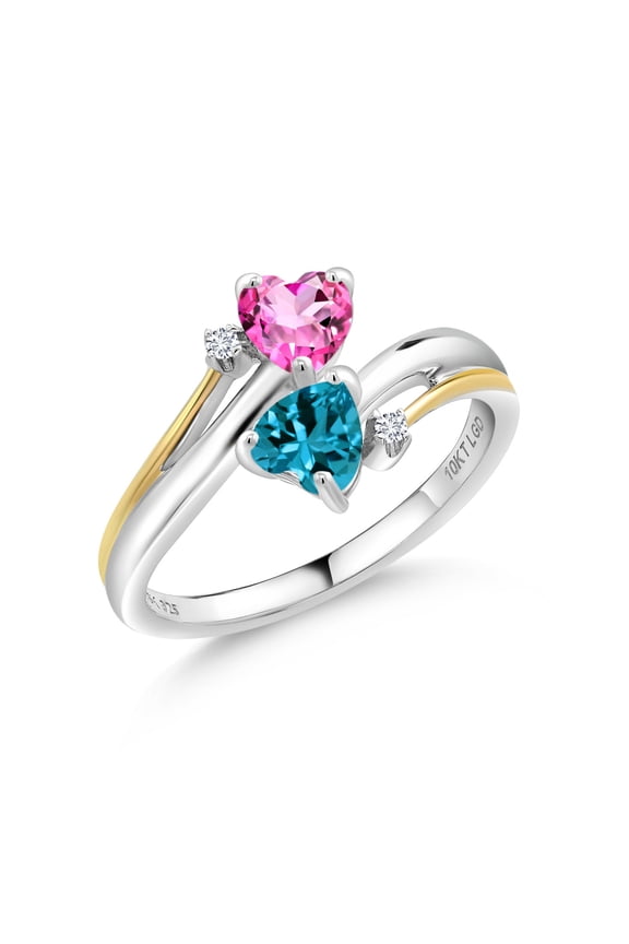 925 Silver 10K Yellow Gold Pink Mystic Topaz London Blue Topaz and Lab Grown Diamond 2 Heart Couple Engagement Mother Ring 1.17 Cttw, Gemstone Birthstone (Size 8)