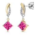 thumbnail image 1 of Gem Stone King 925 Silver and 10K Yellow Gold Pink Mystic Topaz and White Lab Grown Diamond Dangle Earrings for Women | 1.65 Cttw | Gemstone November Birthstone | Princess 5MM, 1 of 6