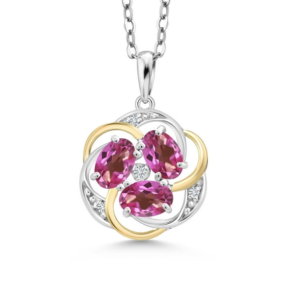 Gem Stone King 925 Silver and 10K Yellow Gold Pink Mystic Topaz and White Lab Grown Diamond Pendant Necklace for Women | 1.54 Cttw | Gemstone November Birthstone | Oval 6X4MM | With 18 inch Chain