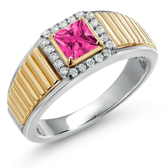 Gem Stone King 925 Silver and 10K Yellow Gold Pink Mystic Topaz and White Lab Grown Diamond Statement Ring for Men | 0.96 Cttw | Princess 5MM | Gemstone November Birthstone | Size 7