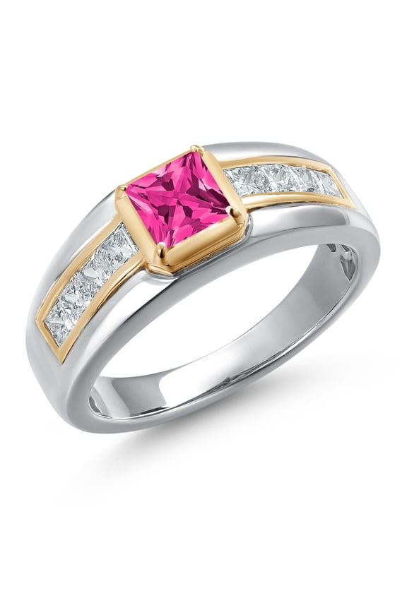 925 Silver and 10K Yellow Gold Pink Mystic Topaz and White Lab Grown Diamond Statement Ring for Men | 1.25 Cttw | Princess 5MM | Gemstone November Birthstone | Size 10