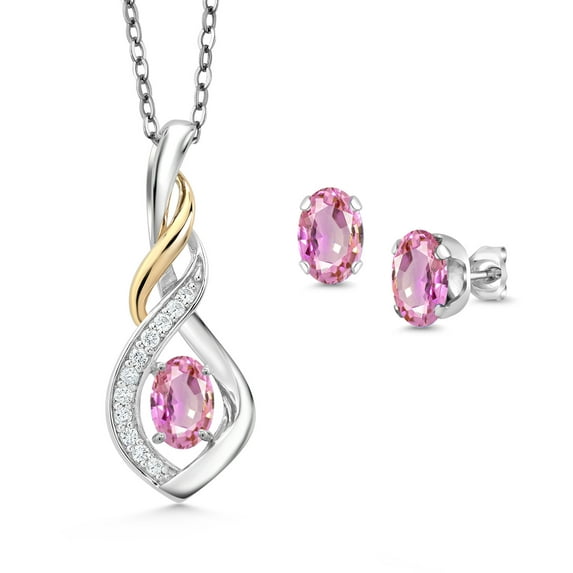 Gem Stone King 925 Silver and 10K Yellow Gold Pink Sapphire and White Lab Grown Diamond Pendant and Earrings Jewelry Set for Women (1.88 Cttw, Gemstone September Birthstone, with 18 inch Chain)