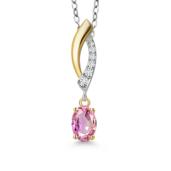 Gem Stone King 925 Silver and 10K Yellow Gold Pink Sapphire and White Lab Grown Diamond Pendant Necklace for Women | 0.63 Cttw | Gemstone September Birthstone | Oval 6X4MM | With 18 inch Chain