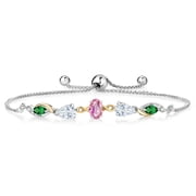 Gem Stone King 925 Silver and 10K Yellow Gold Pink Sapphire White Moissanite Nano Emerald and Lab Grown Diamond Tennis Bracelet for Women By Keren Hanan 1.84 cttw, Adjustable up To 9 inch