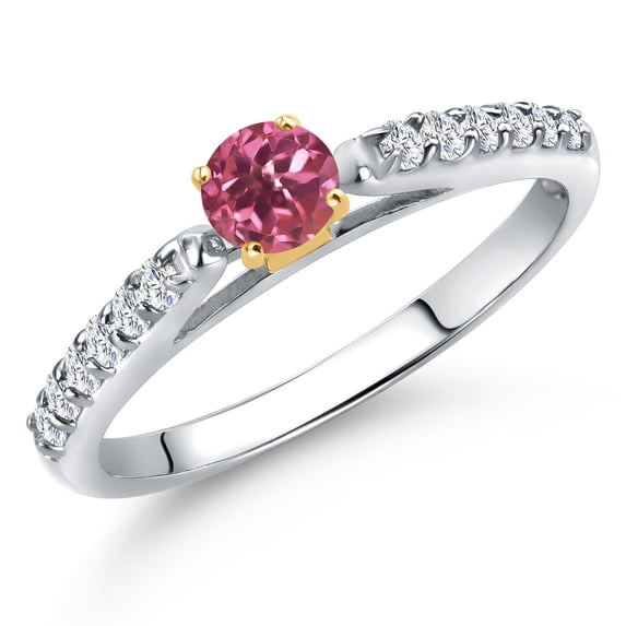 Gem Stone King 925 Silver and 10K Yellow Gold Pink Tourmaline and Lab Grown Diamond Engagement Ring for Women | 0.33 Cttw | Round 3.5MM | Gemstone October Birthstone | Size 5