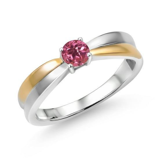Gem Stone King 925 Silver and 10K Yellow Gold Pink Tourmaline Solitaire Engagement Ring for Women (0.25 Cttw, Round 4MM, Gemstone Birthstone, Available in Size 5, 6, 7, 8, 9)