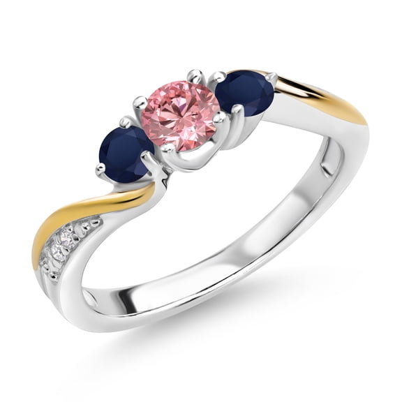 Gem Stone King 925 Silver and 10K Yellow Gold Pink and White Lab Grown Diamond Blue Sapphire 3 Stone Engagement Ring for Women (0.58 Cttw, April Birthstone, Size 6)