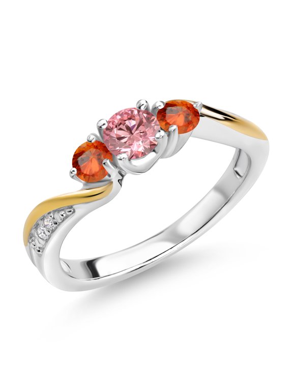 925 Silver and 10K Yellow Gold Pink and White Lab Grown Diamond Orange Sapphire 3 Stone Engagement Ring for Women (0.60 Cttw, April Birthstone, Size 9)