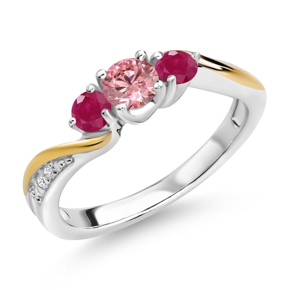 Gem Stone King 925 Silver and 10K Yellow Gold Pink and White Lab Grown Diamond Red Ruby 3 Stone Engagement Ring for Women (0.59 Cttw, April Birthstone, Size 5)