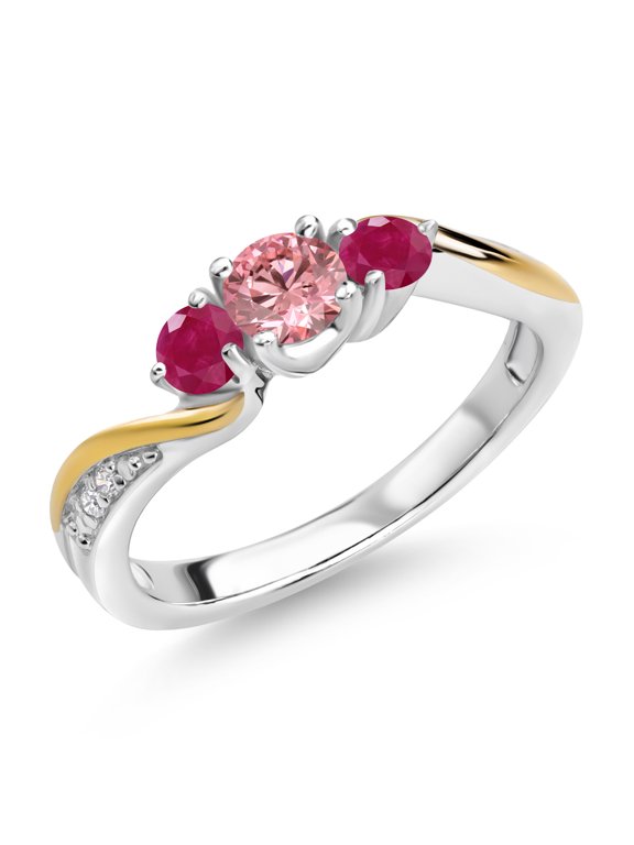 925 Silver and 10K Yellow Gold Pink and White Lab Grown Diamond Red Ruby 3 Stone Engagement Ring for Women (0.59 Cttw, April Birthstone, Size 5)