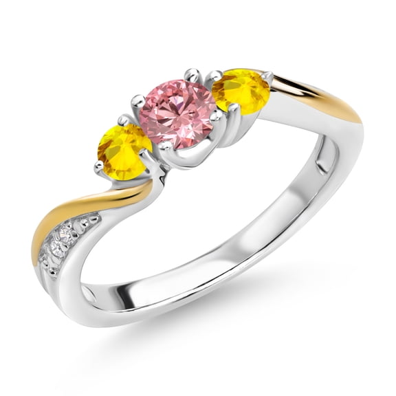 Gem Stone King 925 Silver and 10K Yellow Gold Pink and White Lab Grown Diamond Yellow Sapphire 3 Stone Engagement Ring for Women (0.55 Cttw, April Birthstone, Size 6)
