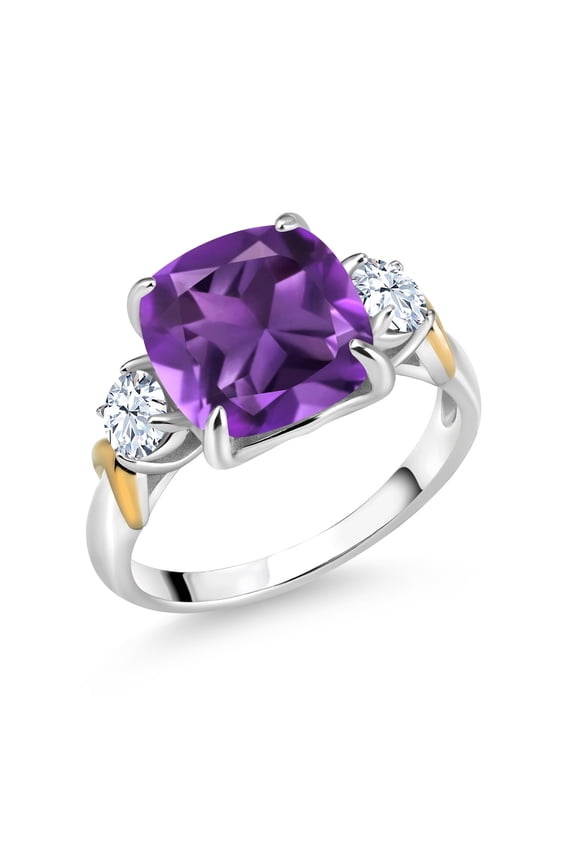 925 Silver and 10K Yellow Gold Purple Amethyst 3 Stone Ring for Women (3.50 Cttw, Gemstone February Birthstone, Cushion 10MM, Round 4MM, Size 6)