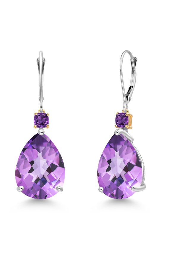 925 Silver and 10K Yellow Gold Purple Amethyst Dangle Earrings for Women | 20.22 Cttw | Gemstone February Birthstone | Pear Shape Checkerboard 18X13MM