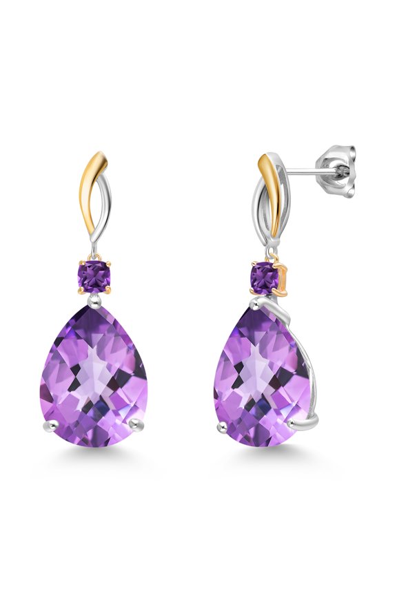925 Silver and 10K Yellow Gold Purple Amethyst Earrings for Women | 20.22 Cttw | Gemstone February Birthstone | Pear Shape Checkerboard 18X13MM