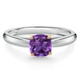 thumbnail image 1 of Gem Stone King 925 Silver and 10K Yellow Gold Purple Amethyst Engagement Ring for Women (0.54 Cttw, Cushion 5MM, Gemstone February Birthstone, Size 7), 1 of 4
