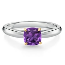 Gem Stone King 925 Silver and 10K Yellow Gold Purple Amethyst Engagement Ring for Women (0.54 Cttw, Cushion 5MM, Gemstone February Birthstone, Size 6)