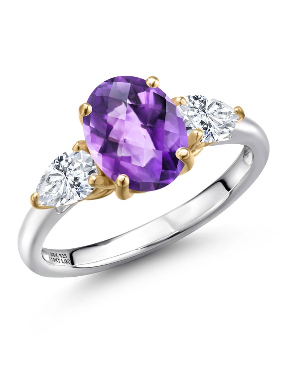 925 Silver and 10K Yellow Gold Purple Amethyst and F - G Lab Grown Diamond Engagement Ring for Women | 2.20 Cttw | Oval Checkerboard 9X7MM | Gemstone February Birthstone | Size 9