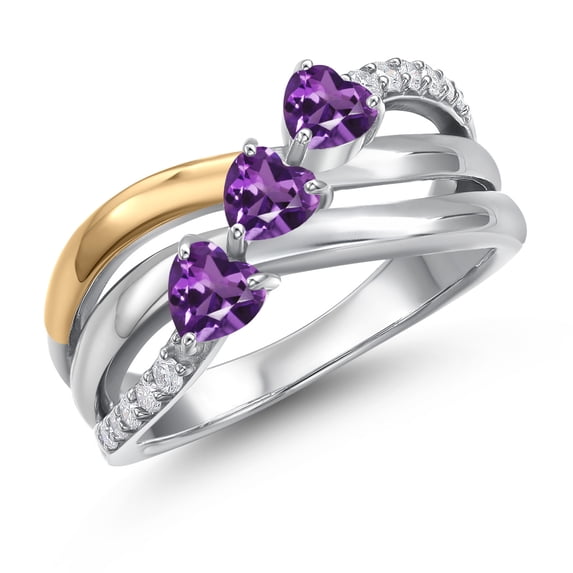Gem Stone King 925 Silver and 10K Yellow Gold Purple Amethyst and Lab Grown Diamond Engagement Ring for Women | 0.84 Cttw | Heart Shape Gemstone February Birthstone | Size 5