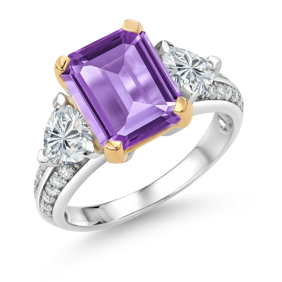 Gem Stone King 925 Silver and 10K Yellow Gold Purple Amethyst and Lab Grown Diamond Engagement Ring for Women | 4.48 Cttw | Octagon 10X8MM | Gemstone February Birthstone | Size 6