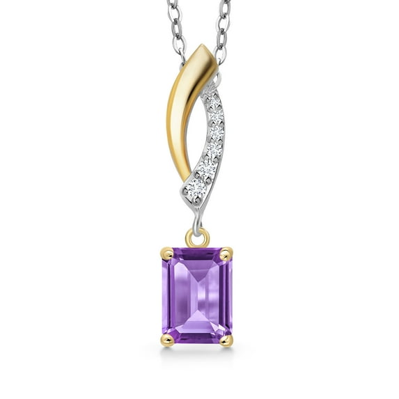 Gem Stone King 925 Silver and 10K Yellow Gold Purple Amethyst and Lab Grown Diamond Pendant Necklace for Women | 0.98 Cttw | Gemstone February Birthstone | Octagon 7X5MM | With 18 inch Chain