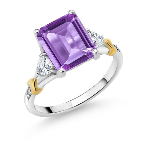 Gem Stone King 925 Silver and 10K Yellow Gold Purple Amethyst and Moissanite and Diamond Engagement Ring for Women (3.84 Cttw, Emerald Cut 10X8MM, Trillion 3.5MM, Size 6)