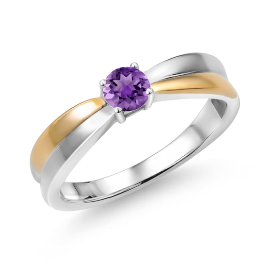 Gem Stone King 925 Silver and 10K Yellow Gold Purple Amethyst Solitaire Engagement Ring for Women (0.25 Cttw, Round 4MM, Gemstone Birthstone, Available in Size 5, 6, 7, 8, 9)