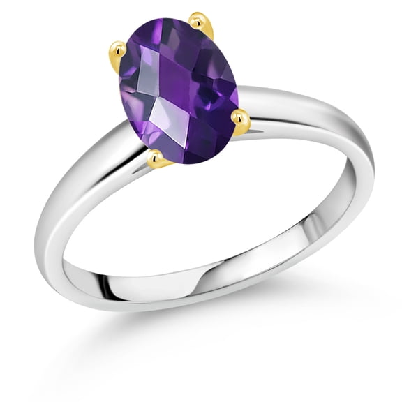Gem Stone King 925 Silver and 10K Yellow Gold Purple Amethyst Solitaire Engagement Ring for Women | 1.50 Cttw | Oval Checkerboard 9X7MM | Gemstone February Birthstone (Size 9)