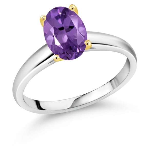 Gem Stone King 925 Silver and 10K Yellow Gold Purple Amethyst Solitaire Engagement Ring for Women | 1.60 Cttw | Oval 9X7MM | Gemstone February Birthstone (Size 8)