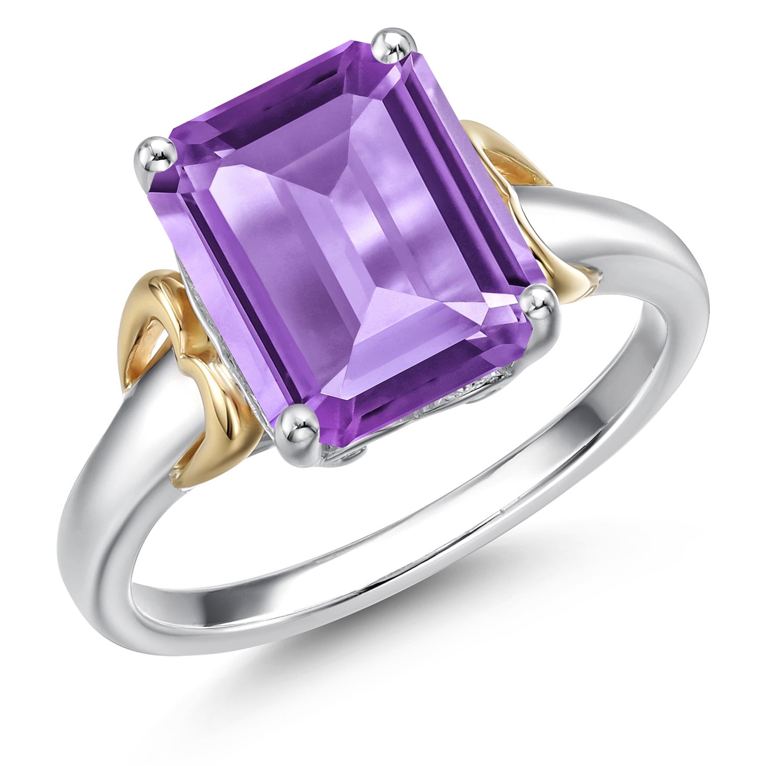 Gem Stone King 925 Silver and 10K Yellow Gold Purple Amethyst Solitaire Engagement Ring for Women | 3.50 Cttw | Octagon 10X8MM | Gemstone February Birthstone | Size 6