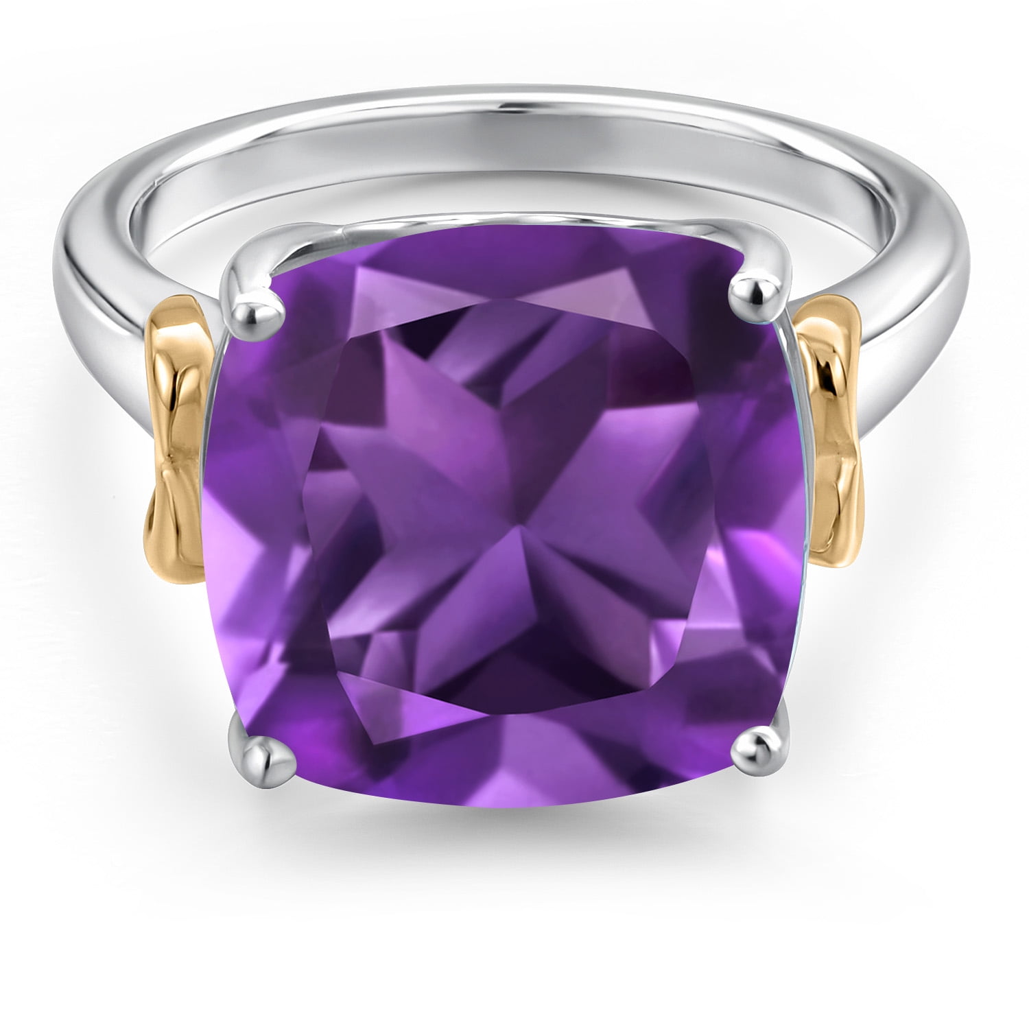 Gem Stone King 925 Silver and 10K Yellow Gold Purple Amethyst Solitaire Engagement Ring for Women | 6.40 Cttw | Cushion 12MM | Gemstone February Birthstone | Size 8