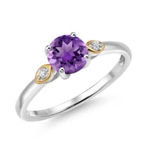 Gem Stone King 925 Silver and 10K Yellow Gold Purple Amethyst and White Lab Grown Diamond 3-Stone Engagement Ring for Women (1.03 Cttw, Round 6MM, Gemstone February Birthstone, Size 9)