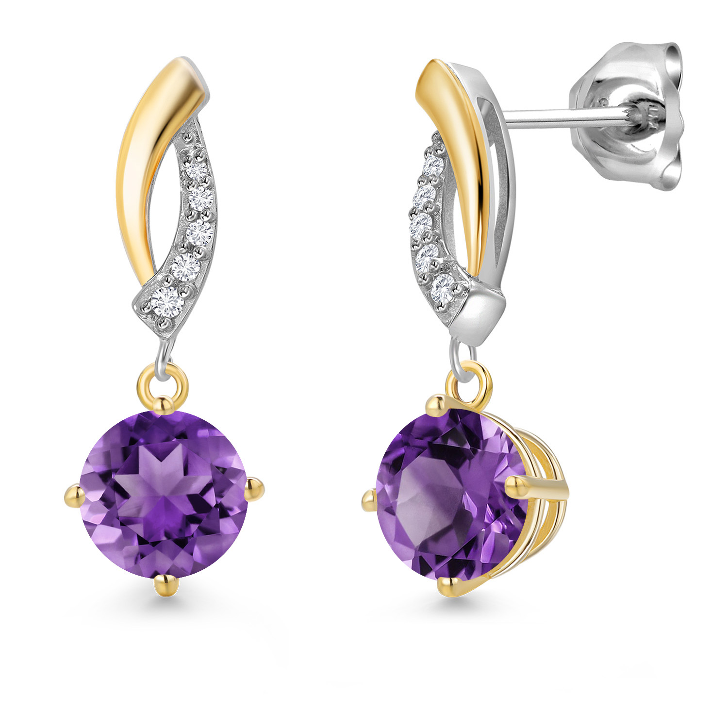 Gem Stone King 925 Silver and 10K Yellow Gold Purple Amethyst and White Lab Grown Diamond Dangle Earrings for Women | 2.05 Cttw | Gemstone February Birthstone | Round 6MM