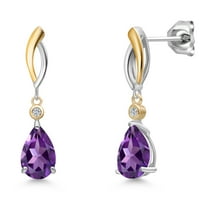Gem Stone King 925 Silver and 10K Yellow Gold Purple Amethyst and White Lab Grown Diamond Earrings for Women | 2.20 Cttw | Gemstone February Birthstone | Pear Shape 9X6MM