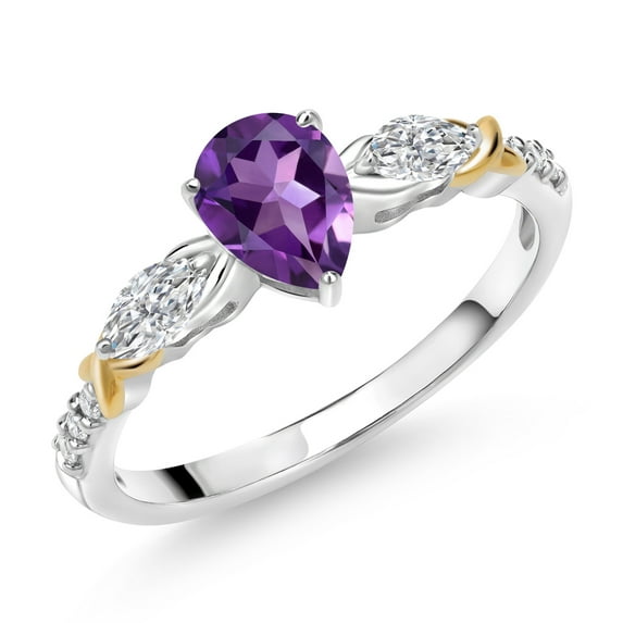 Gem Stone King 925 Silver and 10K Yellow Gold Purple Amethyst and White Lab Grown Diamond Engagement Ring for Women | 0.93 Cttw | Pear Shape 7X5MM | Gemstone February Birthstone | Size 7