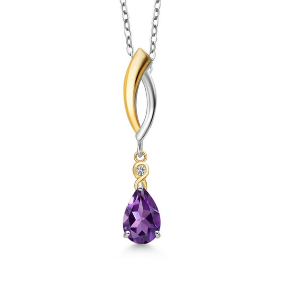 Gem Stone King 925 Silver and 10K Yellow Gold Purple Amethyst and White Lab Grown Diamond Pendant Necklace for Women | 0.79 Cttw | Gemstone February Birthstone | Pear Shape 8X5MM | With 18 inch Chain