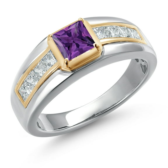 Gem Stone King 925 Silver and 10K Yellow Gold Purple Amethyst and White Lab Grown Diamond Statement Ring for Men | 1.10 Cttw | Princess 5MM | Gemstone February Birthstone | Size 11