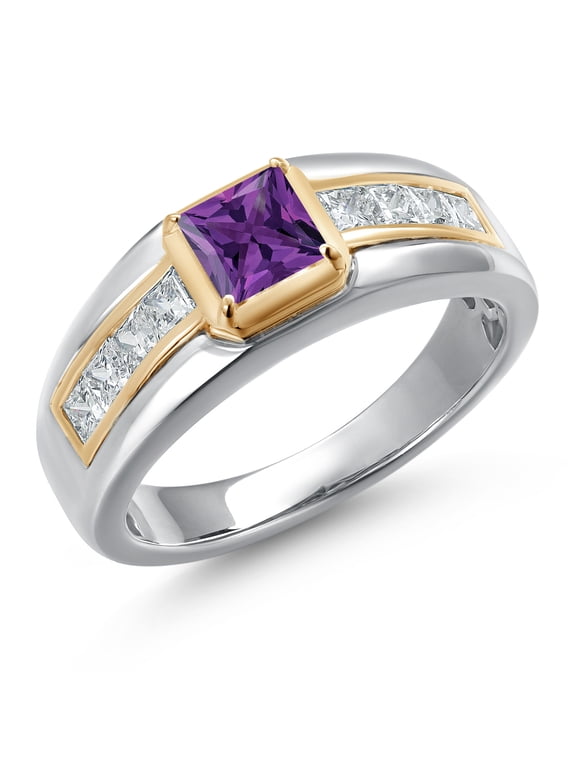 925 Silver and 10K Yellow Gold Purple Amethyst and White Lab Grown Diamond Statement Ring for Men | 1.10 Cttw | Princess 5MM | Gemstone February Birthstone | Size 11