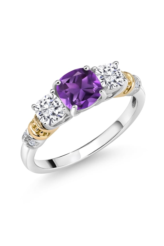 925 Silver and 10K Yellow Gold Purple Amethyst and White Moissanite and Diamond 3-Stone Ring for Women (1.64 Cttw, Gemstone February Birthstone, Cushion 6MM and 4MM, Size 8)