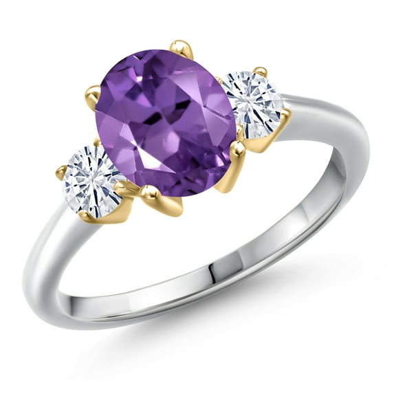 Gem Stone King 925 Silver and 10K Yellow Gold Purple Amethyst and White Moissanite Engagement Ring for Women | 2.06 Cttw | Oval 9X7MM | Gemstone February Birthstone | Size 5