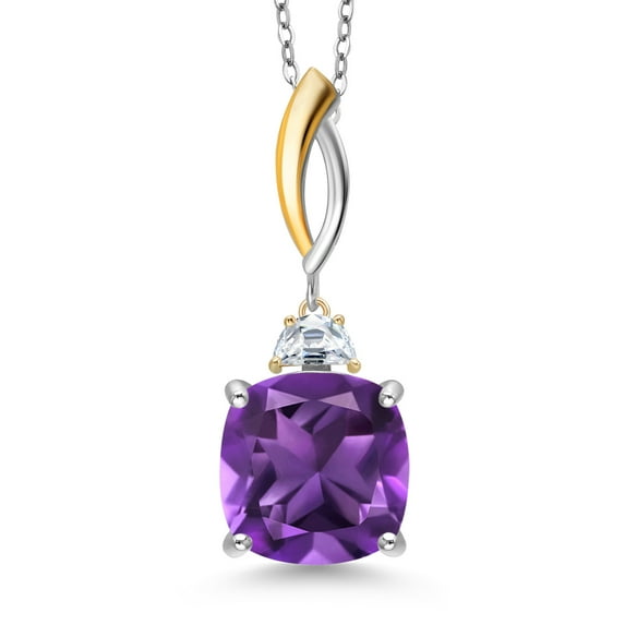 Gem Stone King 925 Silver and 10K Yellow Gold Purple Amethyst and White Moissanite Pendant 2-Stone Necklace for Women | 6.63 Cttw | Gemstone February Birthstone | Cushion 12MM | With 18 inch Chain