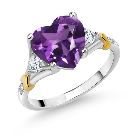 Gem Stone King 925 Silver and 10K Yellow Gold Purple Amethyst and White Moissanite and White Diamond Engagement Ring for Women | 3.49 Cttw | Heart Shape 10MM | Gemstone February Birthstone | Size 7