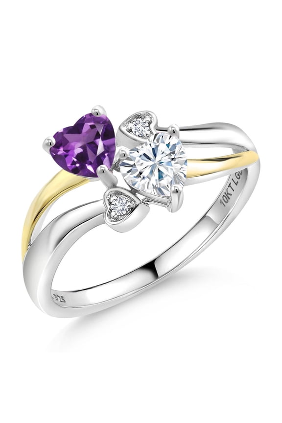 925 Silver and 10K Yellow Gold Purple Amethyst and White Moissanite and White Lab Grown Diamond Ring for Women (0.86 Cttw, February Birthstone, Heart Shape 5MM, Size 7)