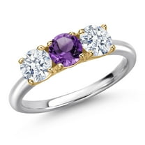 Gem Stone King 925 Silver and 10K Yellow Gold Purple Amethyst and White Zirconia Engagement Ring for Women | 1.98 Cttw | Round 5MM | Gemstone February Birthstone | Size 9