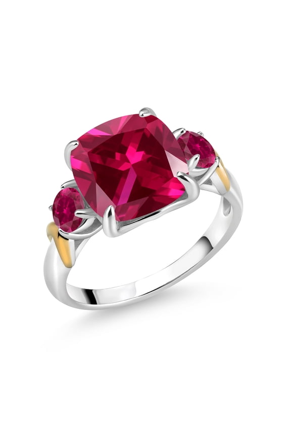 925 Silver and 10K Yellow Gold Red Created Ruby 3 Stone Ring for Women (5.50 Cttw, Gemstone July Birthstone, Cushion 10MM, Round 4MM, Size 6)